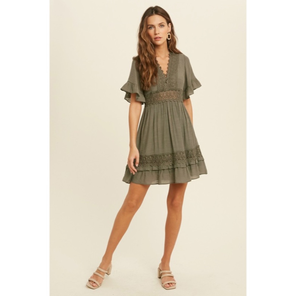 Dainty Olive Green Bohemian Crochet Lace Trim Ruffle Short Sleeve Mini Dress - Picture 4 of 5